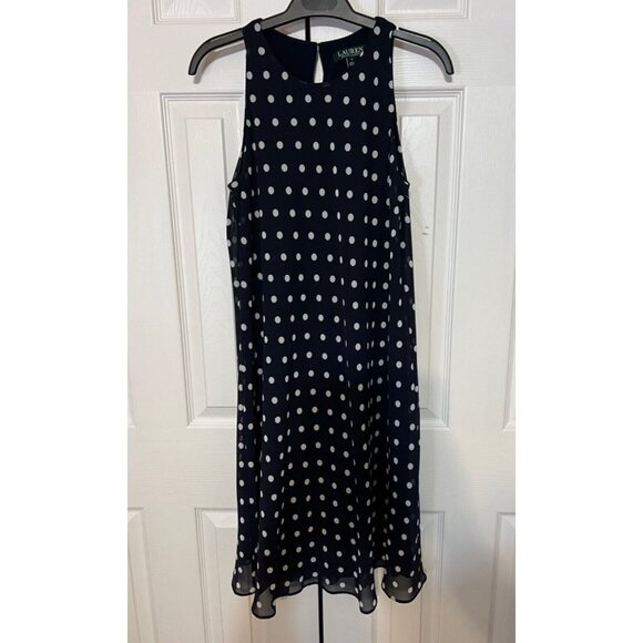 Ralph Lauren Shift Dress 6 Blue White Polka Dot Flowy Sleeveless NEW - Picture 7 of 8